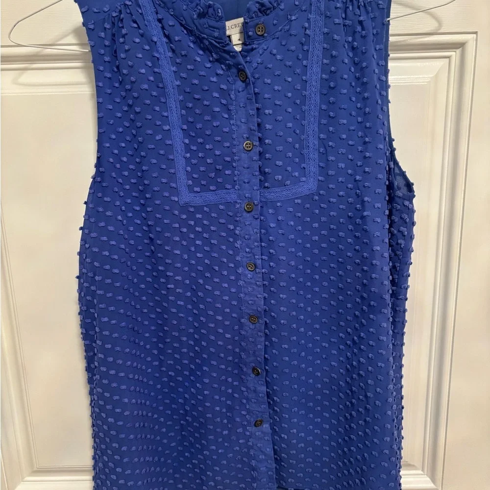 J.Crew Silk Clip Dot Sleeveless Ruffle Blouse Size 4 Royal Blue - Picture 5 of 5